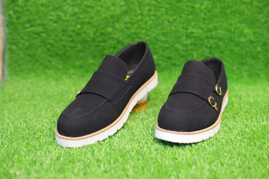 Black Double buckle with White Sole Genuine Leather Moccasins for Men - Soft Bottom, Lightweight & Casual